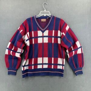 Vintage Arrow Mens Sweater Medium Plaid V-Neck Fuzzy Acrylic‎ Navy Red White 90s